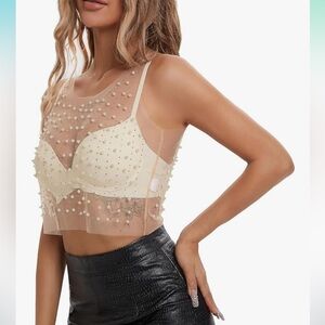 Haute Monde Young Contemporary Sleeveless Mesh Rhinestones Pearls Top L Sparkly